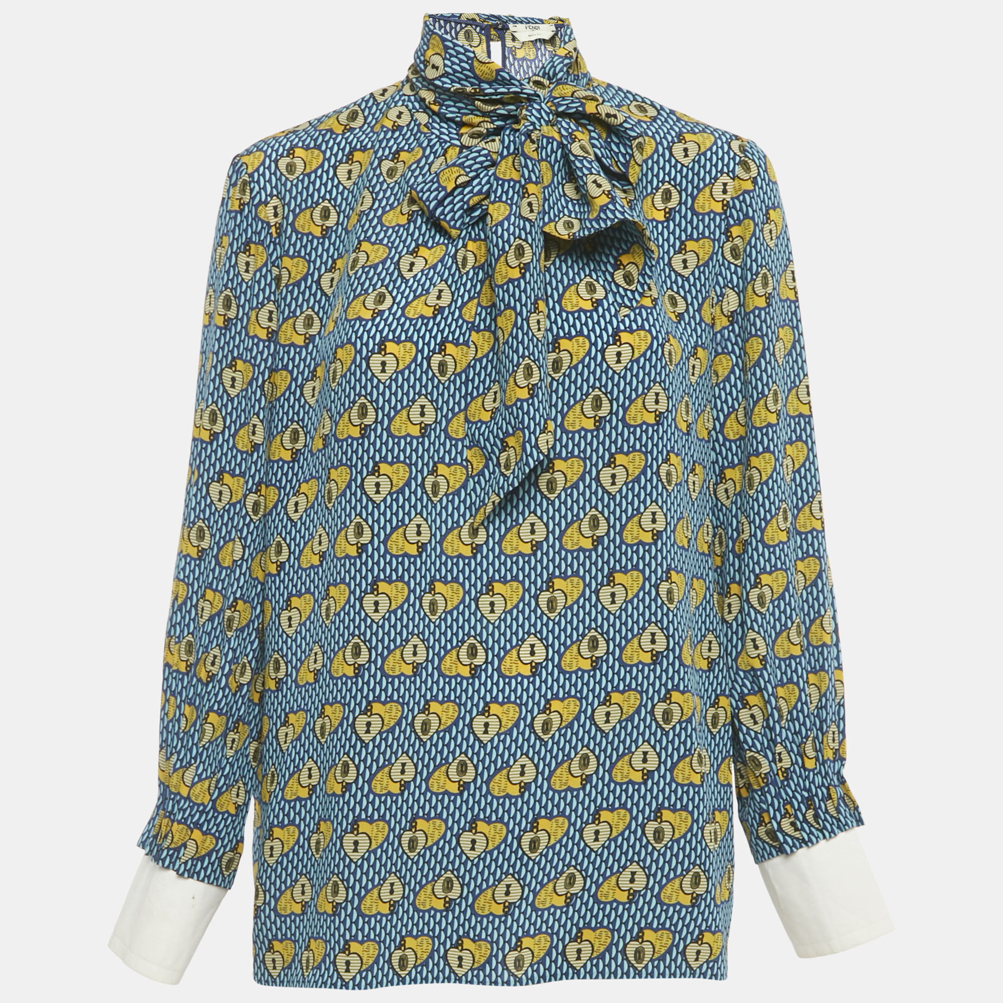 

Fendi Blue heart Lock Printed Silk Neck Tie Detail Top M
