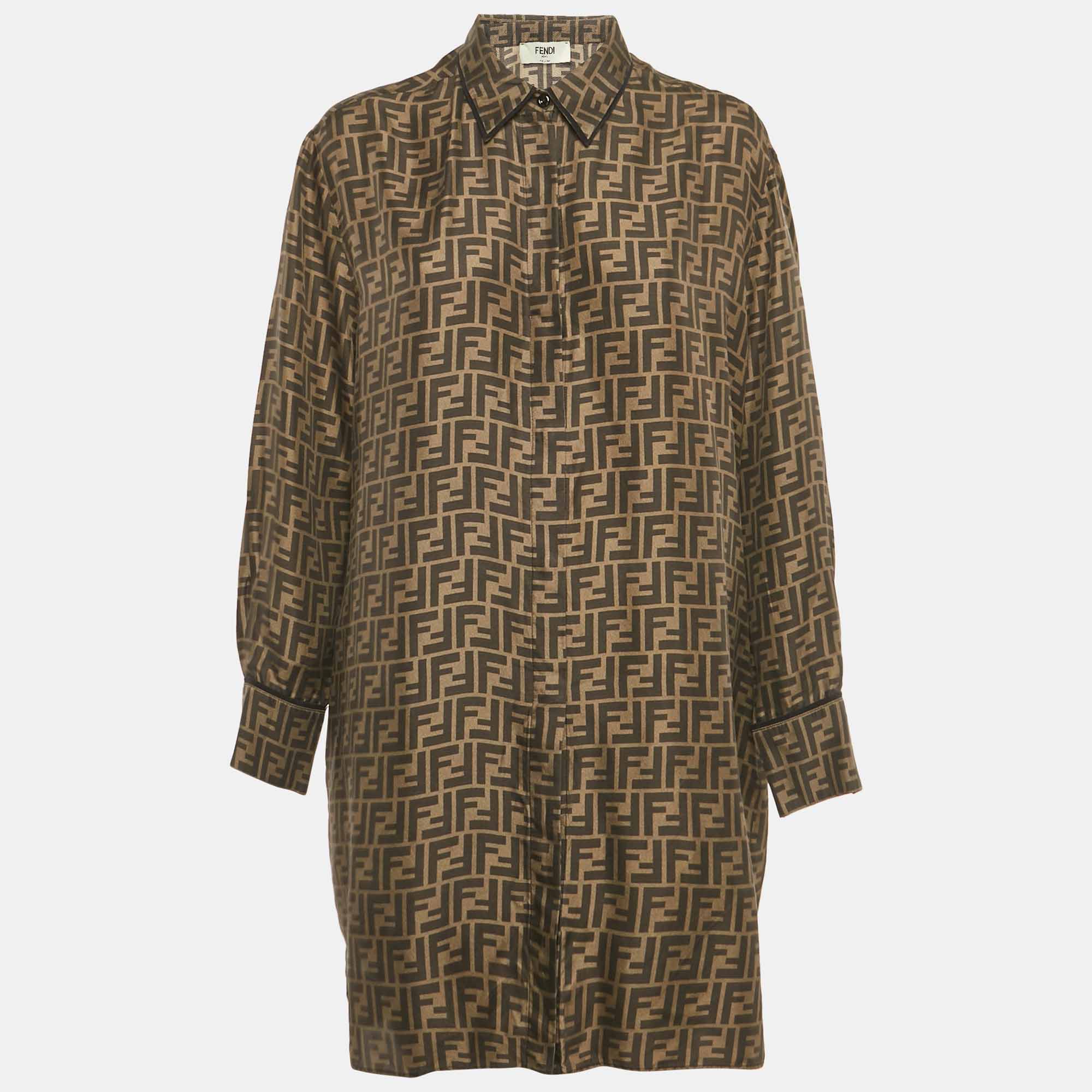 

Fendi Brown Zucca Monogram Silk Oversized Shirt Dress M