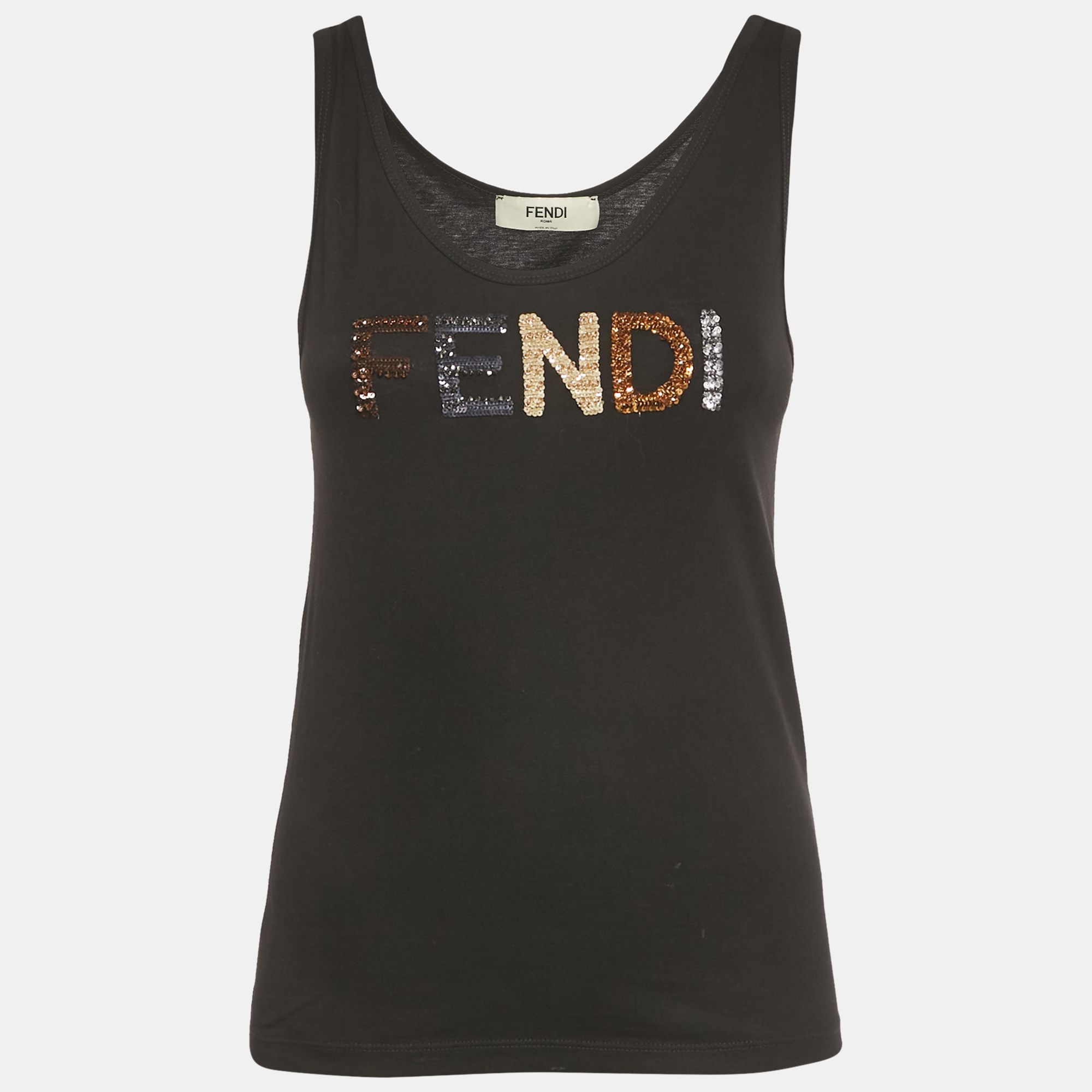 Pre-owned Fendi Black Logo Sequin Cotton Jersey Tank Top Xs