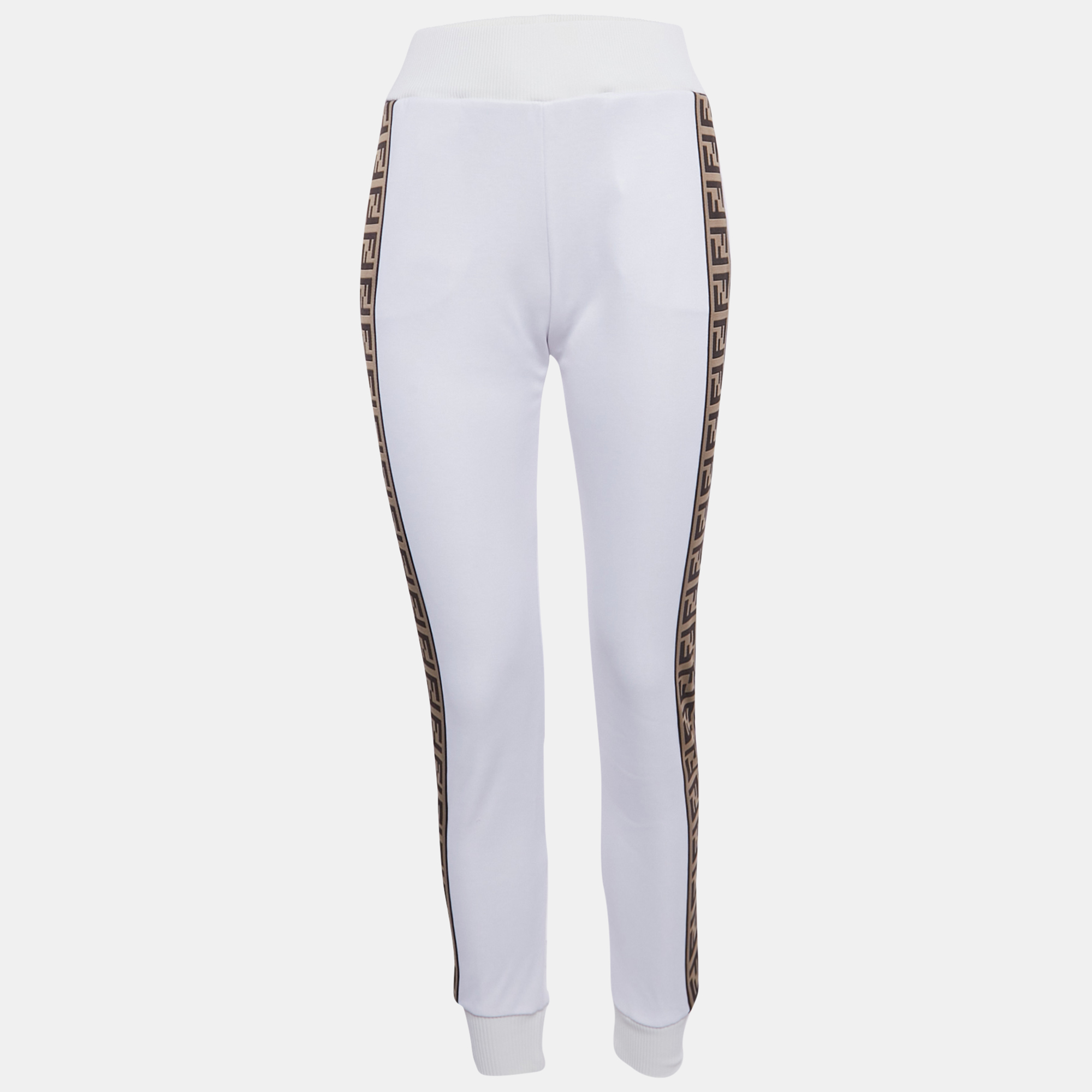Pre-owned Fendi White Zucca Band Detail Knit Joggers S