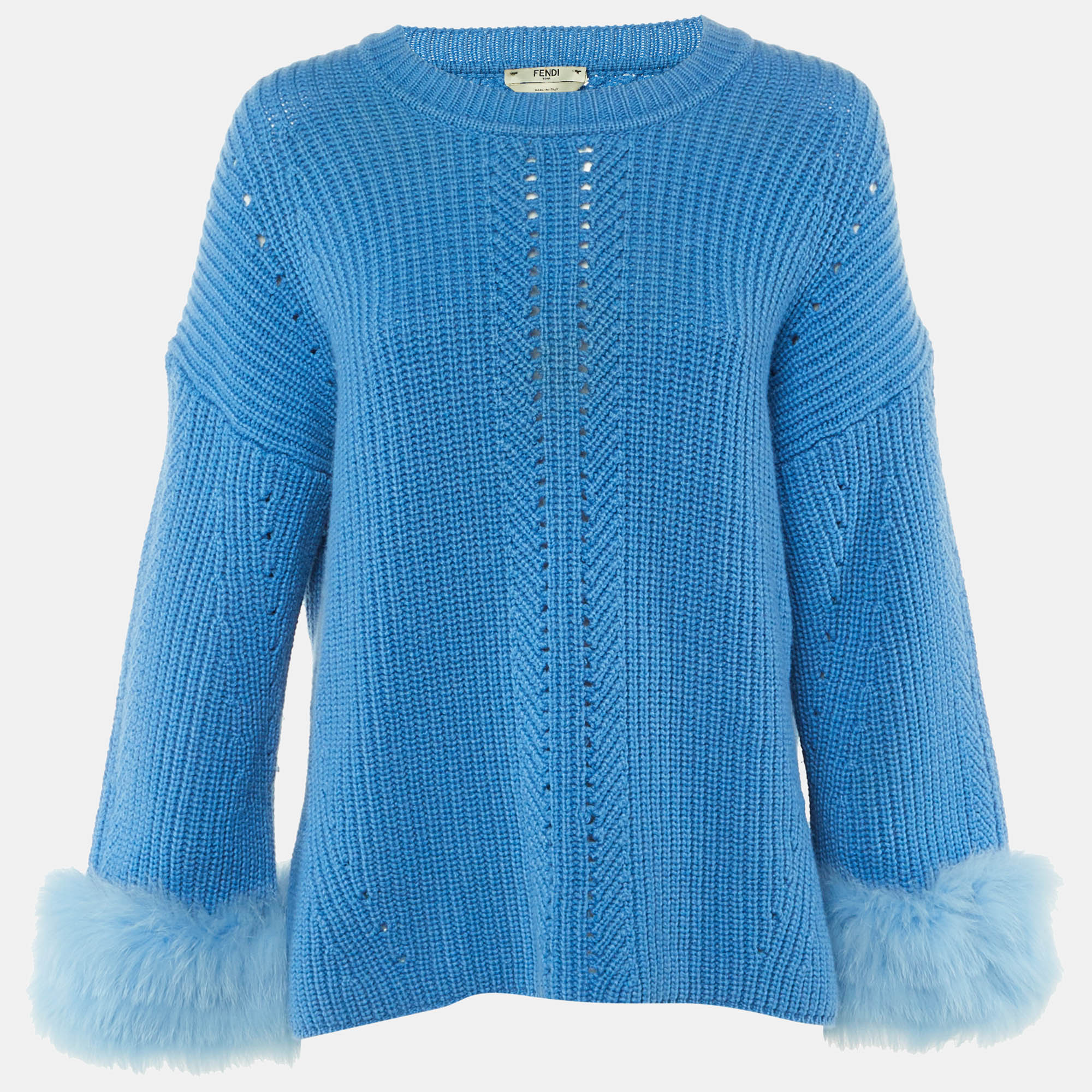 

Fendi Blue Cashmere & Fox Fur Trim Pullover M