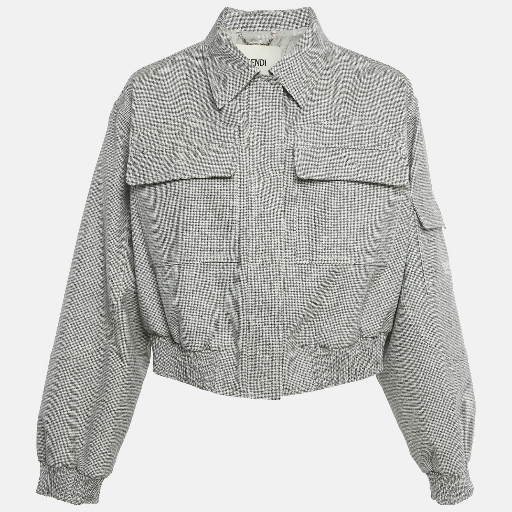 Pre-owned Fendi Monochrome Pattern Wool Blouson M In Gray