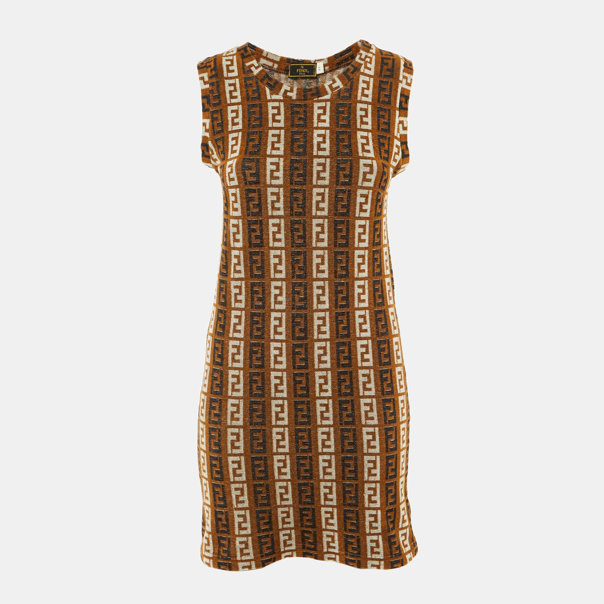 Click to view more detailed imagery on our partner's website Pre-owned Fendi Mare Vintage Brown Zucca Pattern Terry Cotton Shift Dress M