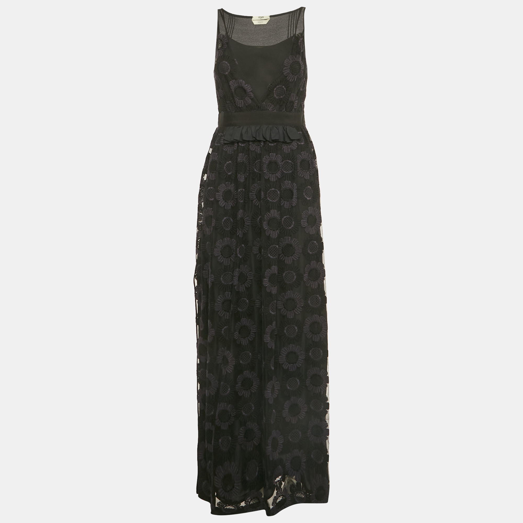 Pre-owned Fendi Black Floral Embroidered Mesh & Silk Maxi Dress S