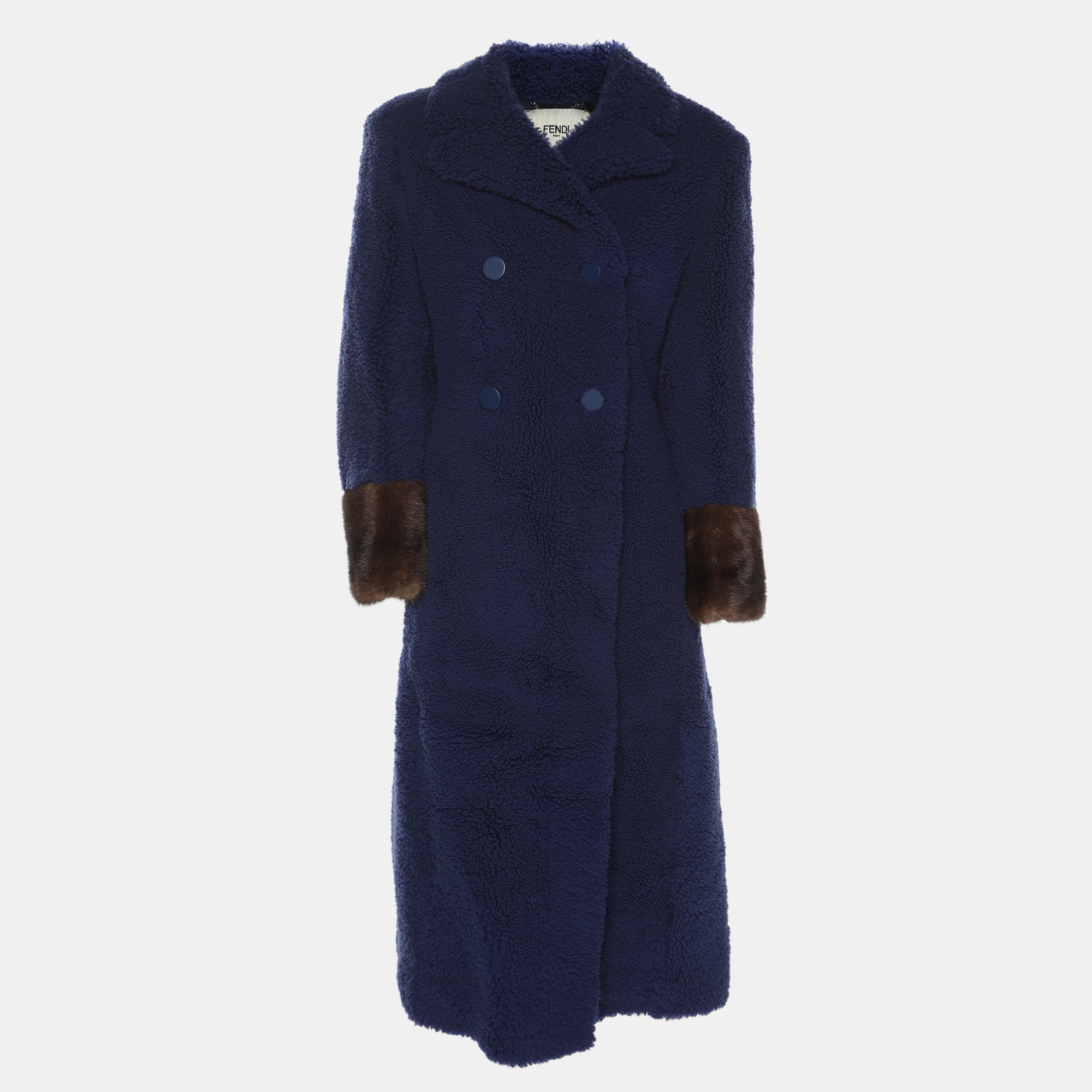 Pre-owned Fendi Navy Blue Shearling Long Coat M