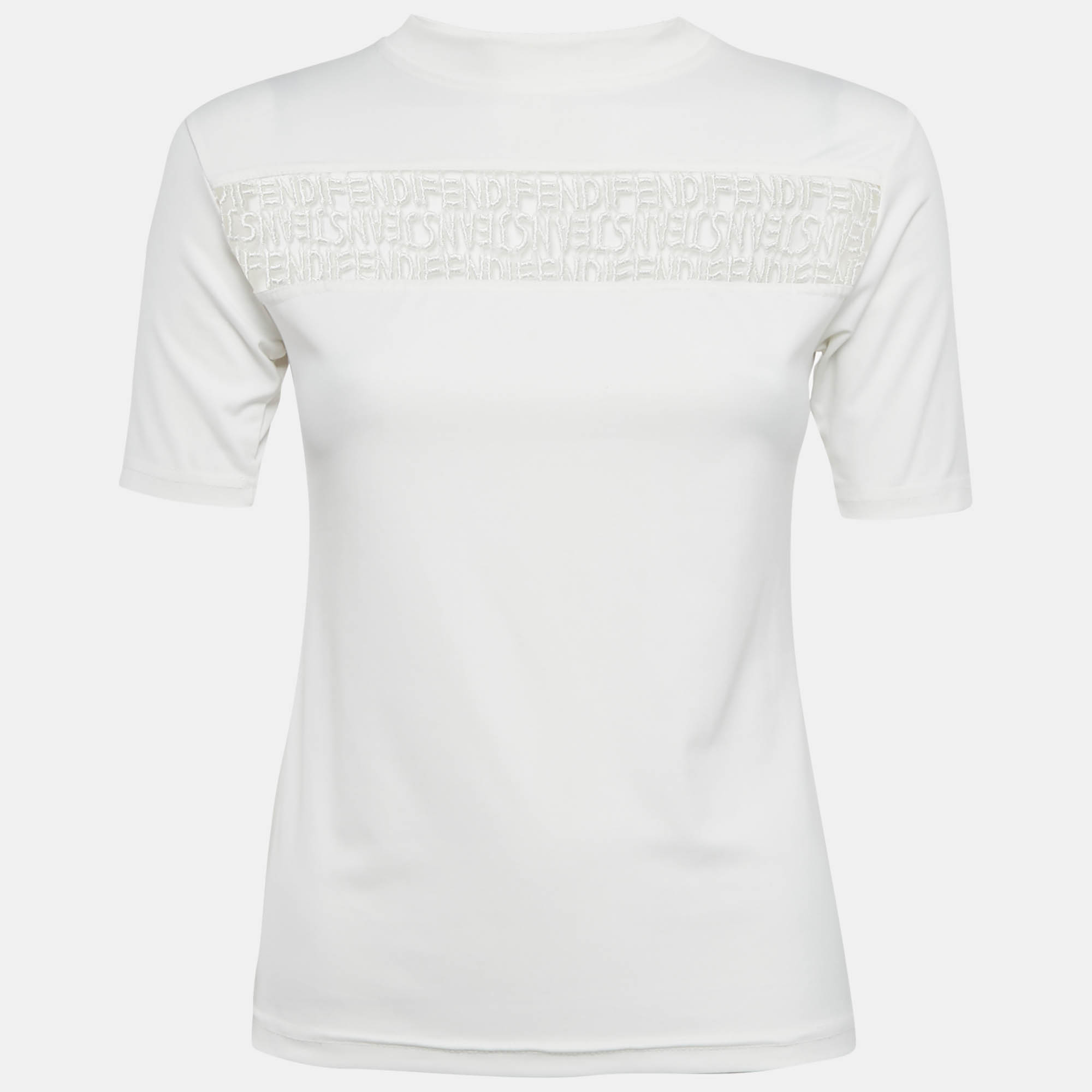 Pre-owned Fendi White Alphabet Lace Trim Jersey Top S