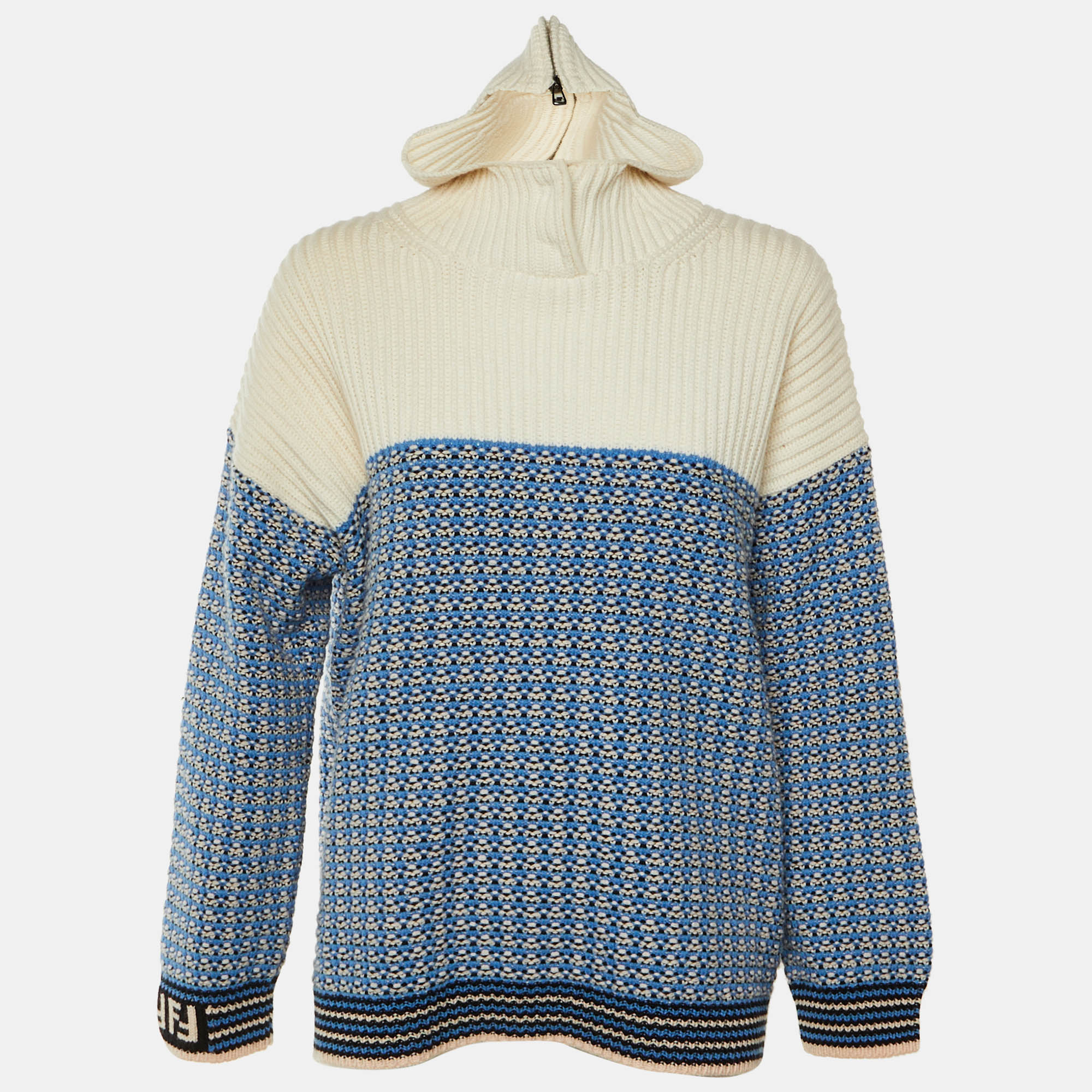 Pre-owned Fendi Blue Wool & Cashmere Knit Hooded Pullover S