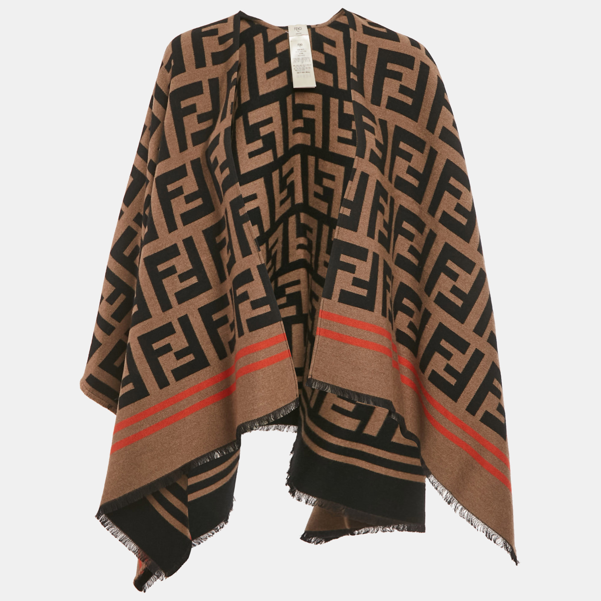 Pre-owned Fendi Brown Ff Logo Wool Poncho One Size
