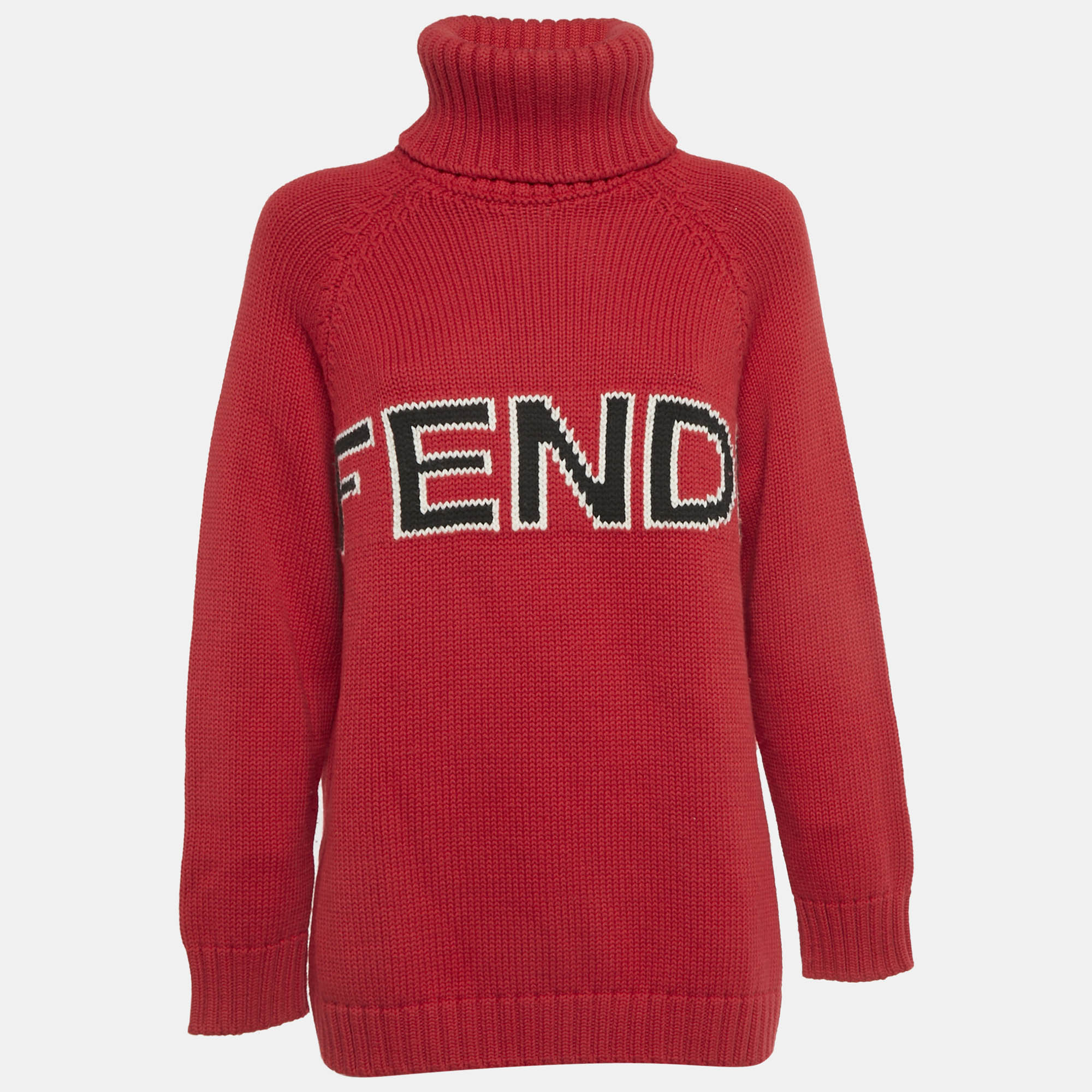 Pre-owned Fendi Red Logo Intarsia Wool Knit Turtle Neck Sweater S