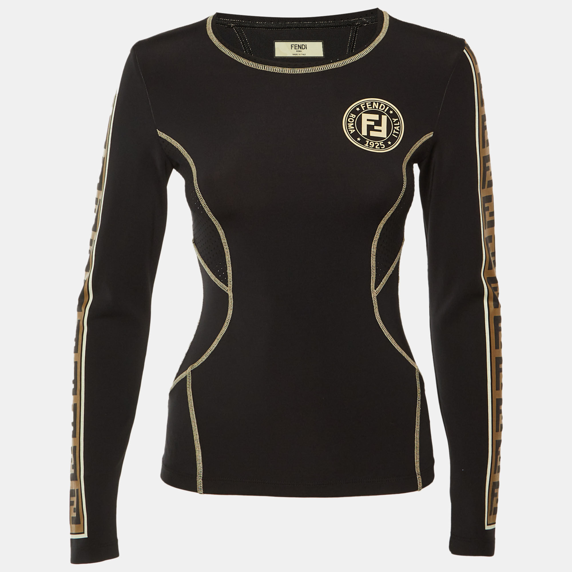 

Fendi Black Logo Print Jersey Side Band Trim Top S
