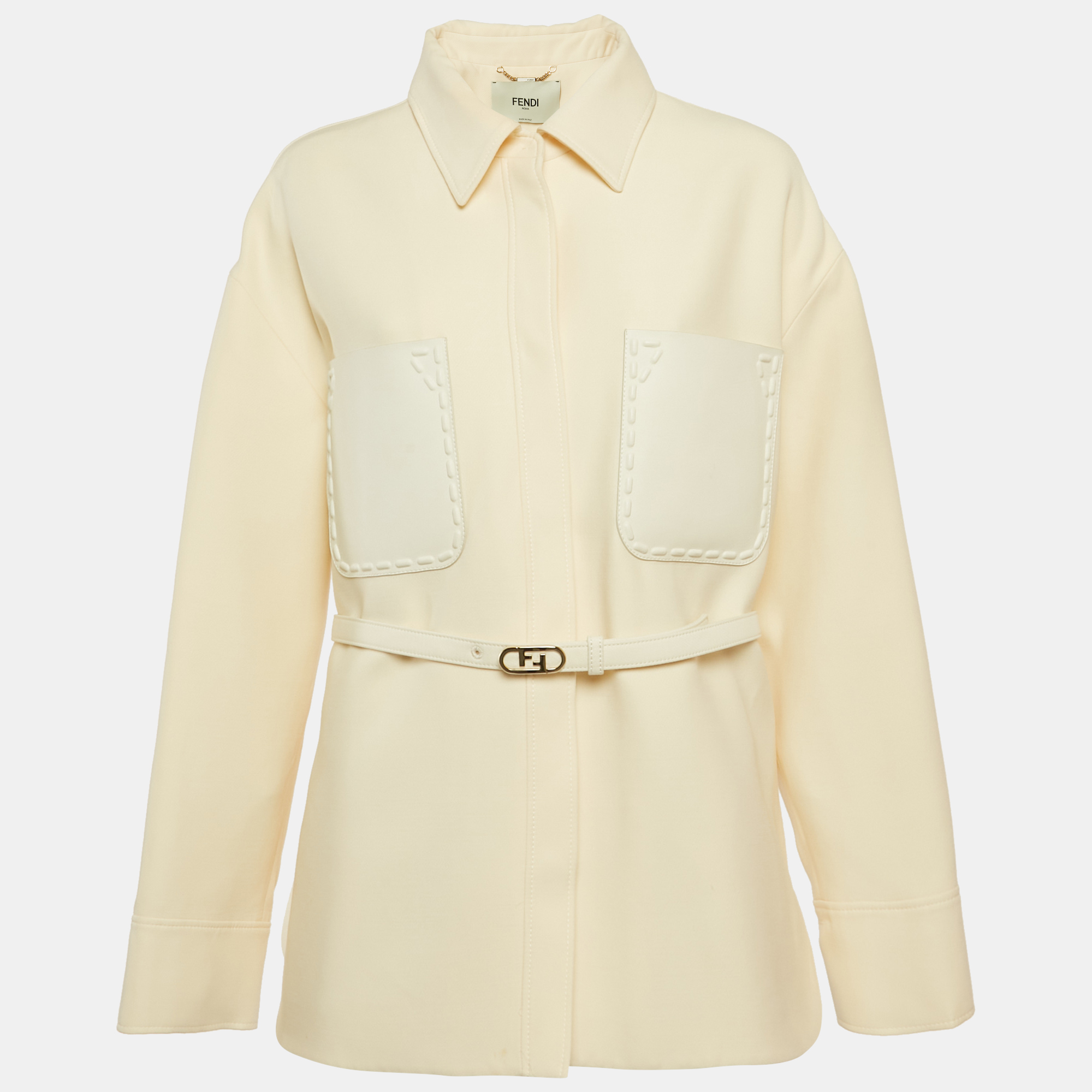 

Fendi Cream Leather Pocket Wool Belted Shirt L