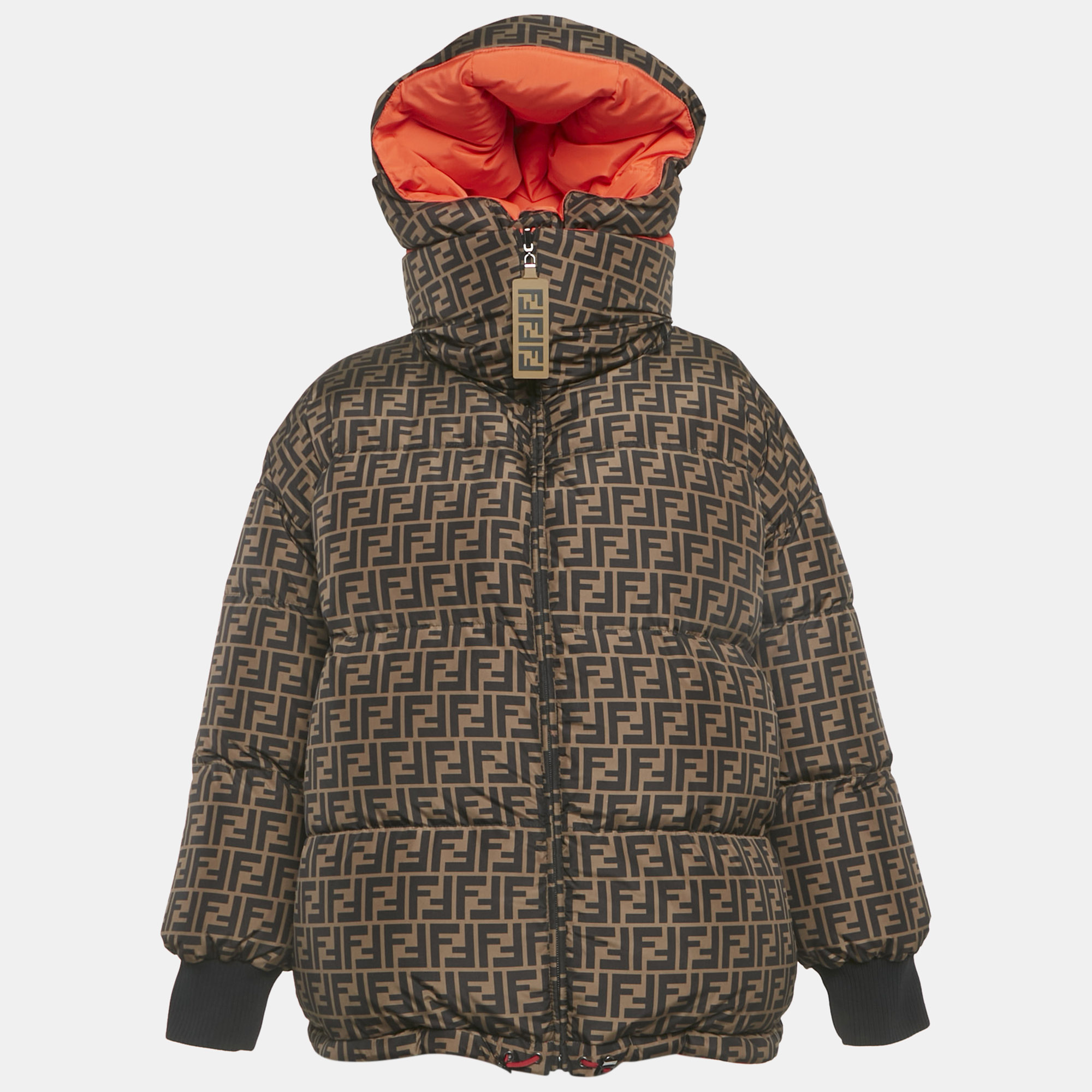 

Fendi Brown/Orange Zucca Print Synthetic Reversible Puffer Jacket M
