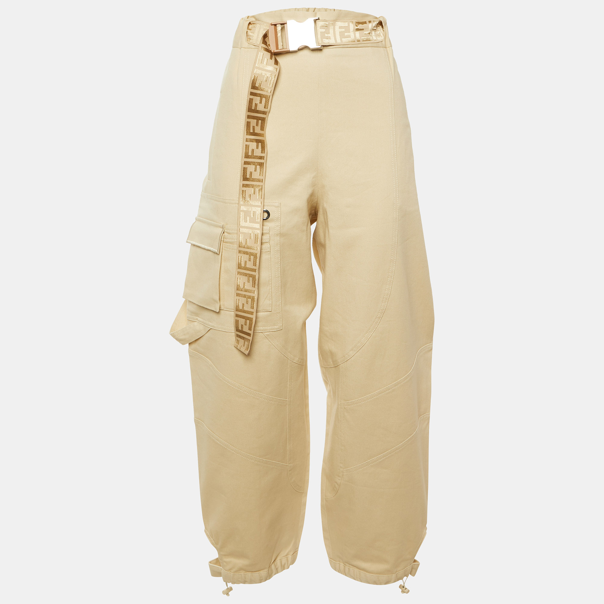 Pre-owned Fendi Beige Cotton Belted Cargo Pants M In Sand