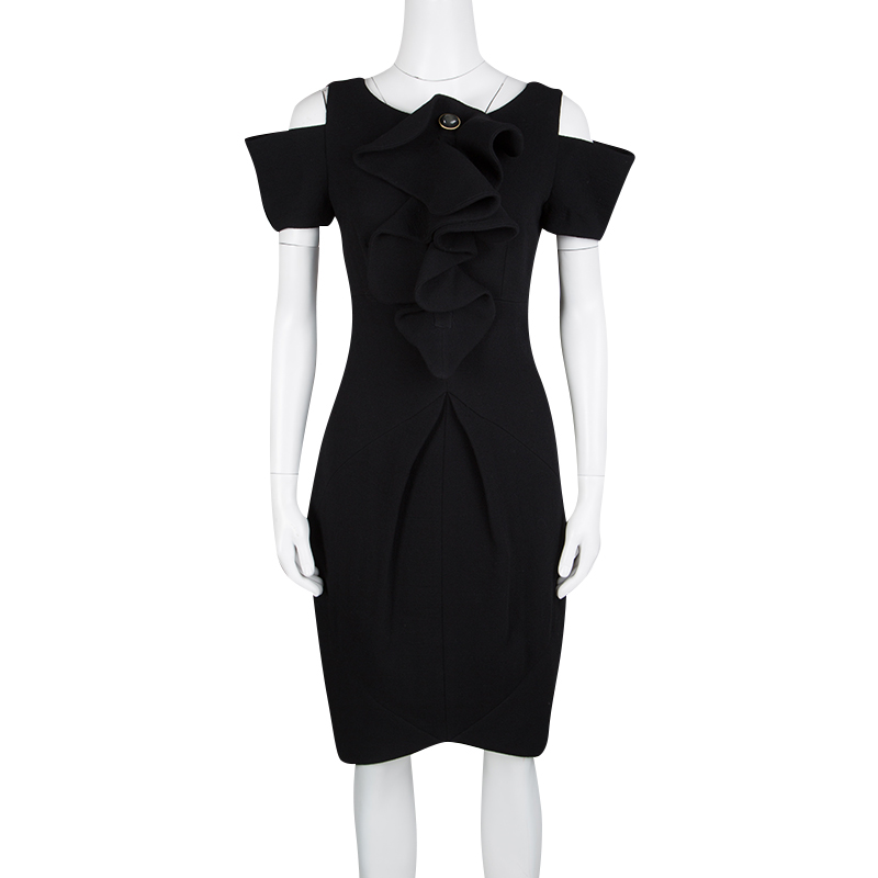 

Fendi Black Crepe Ruffle Detail Cold Shoulder Dress