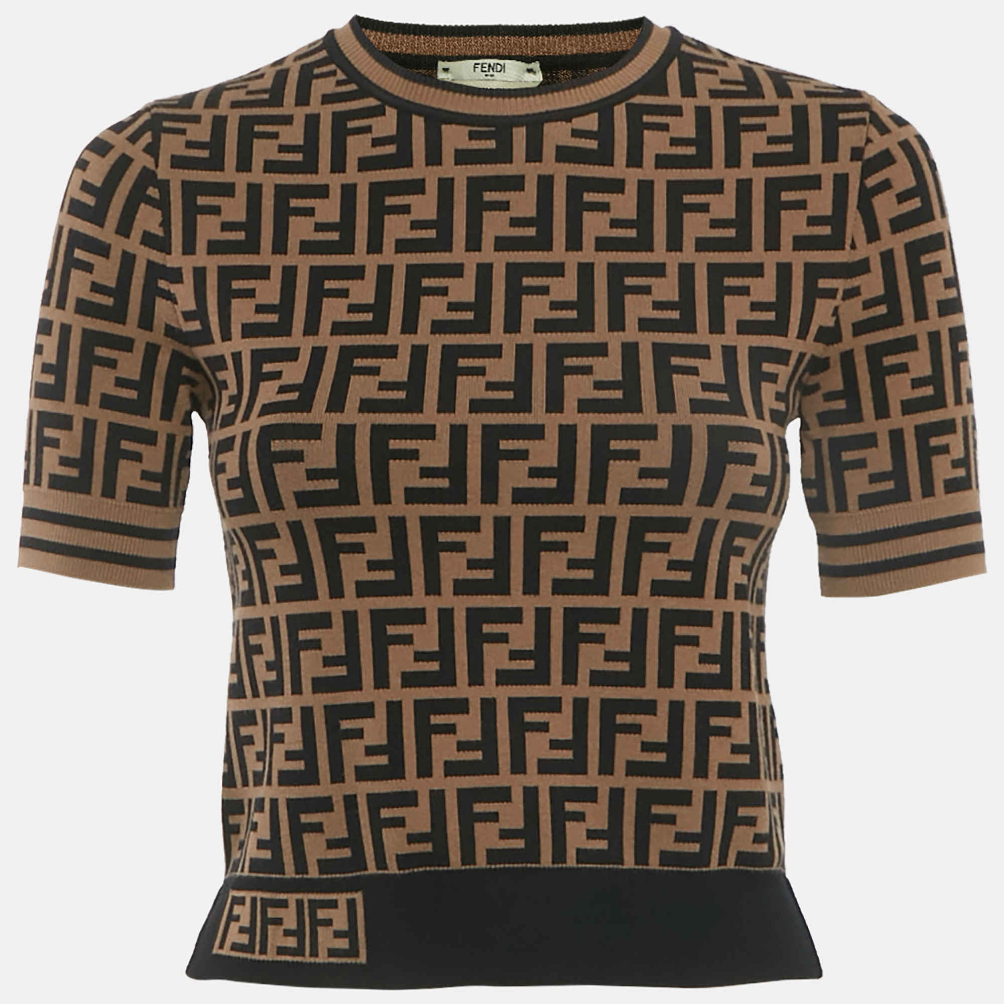 

Fendi Brown FF Motif Stretch Knit Short Sleeve Jumper XS