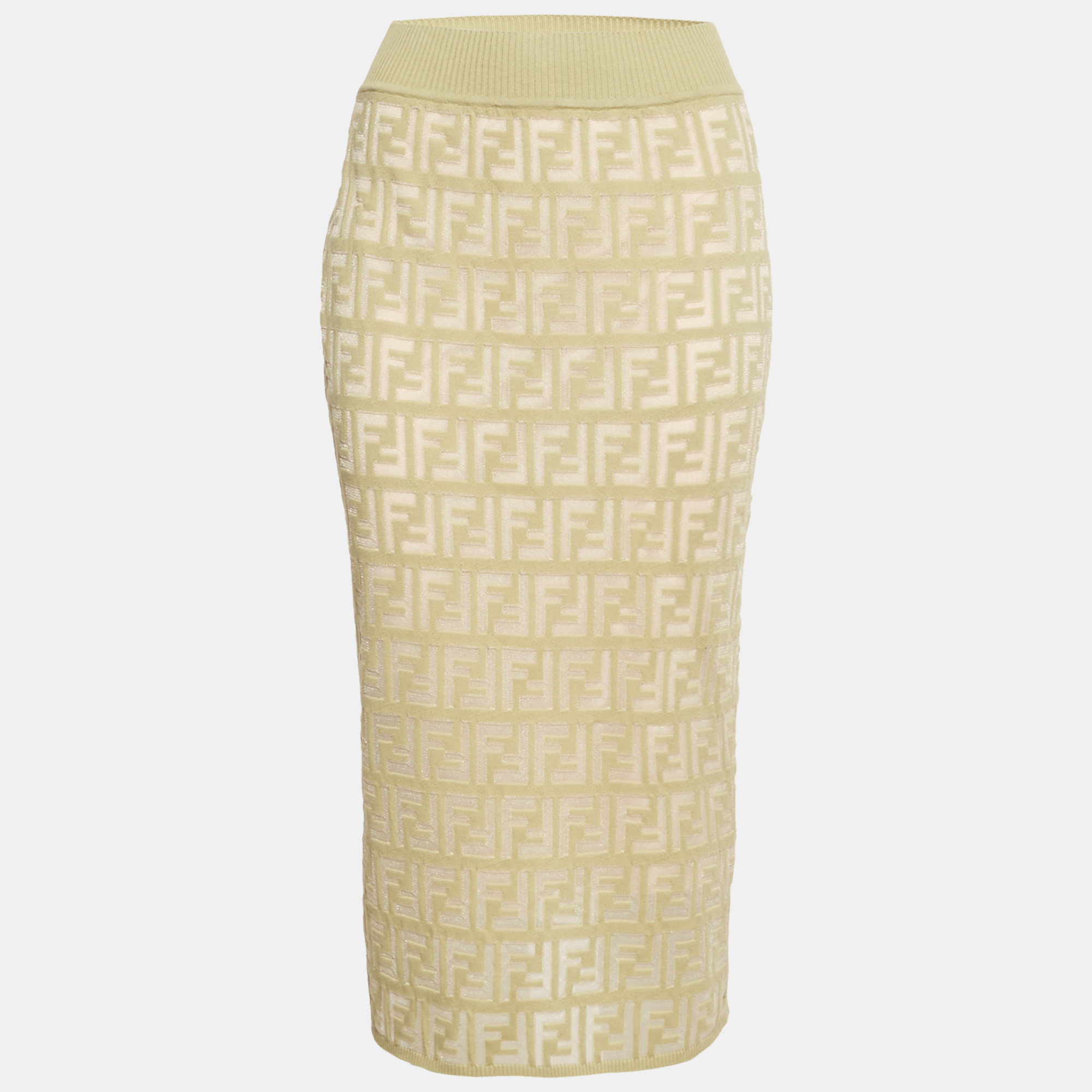 

Fendi Green/Cream FF Stretch Knit Pencil Skirt M