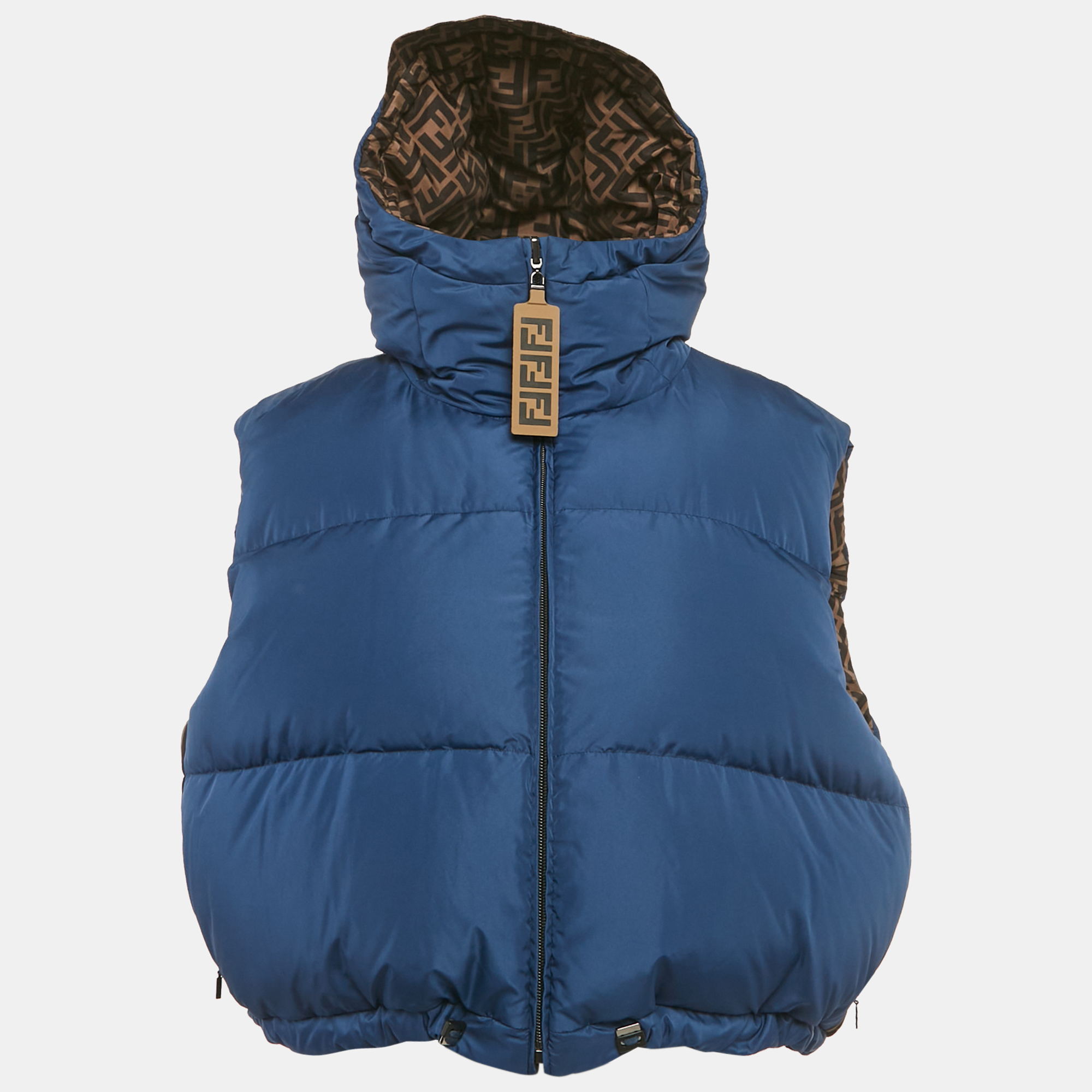 

Fendi Brown/Blue FF Zucca Pattern Synthetic Reversible Biker Jacket M