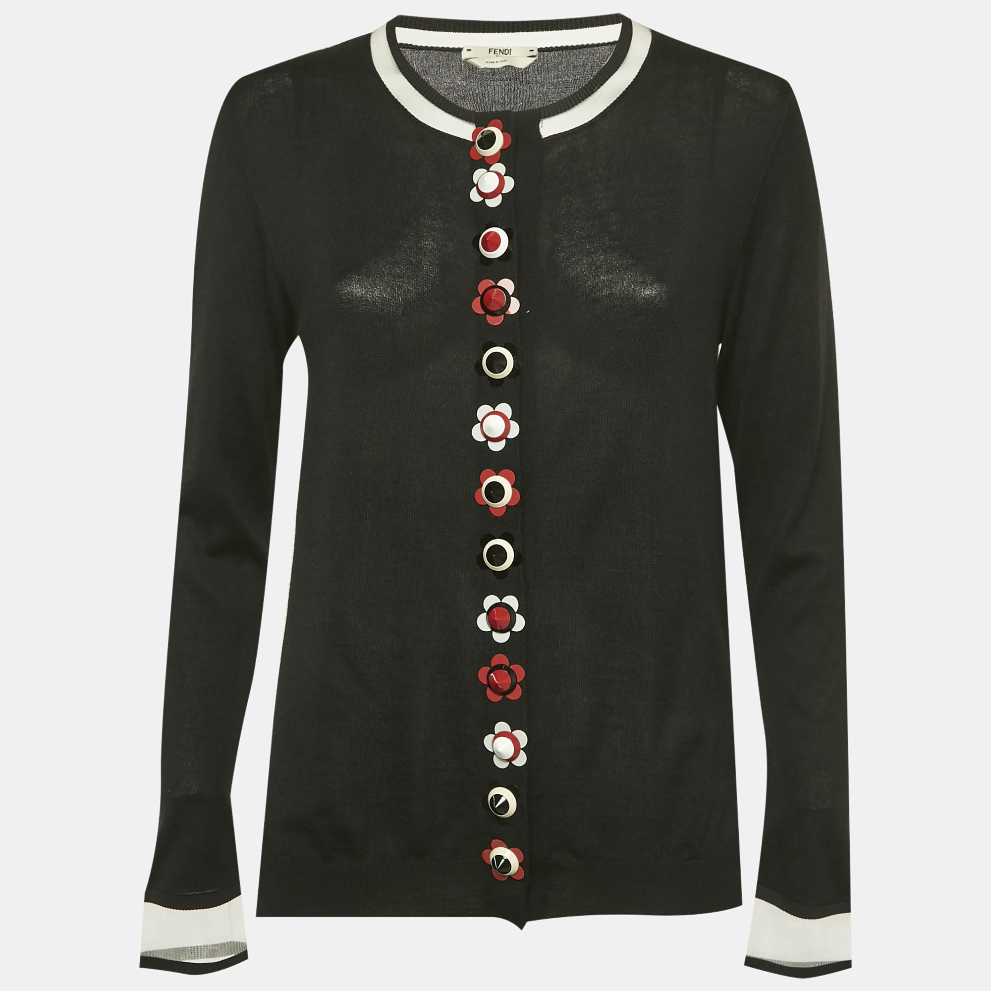 

Fendi Black Cashmere Knit Floral Detail Cardigan M