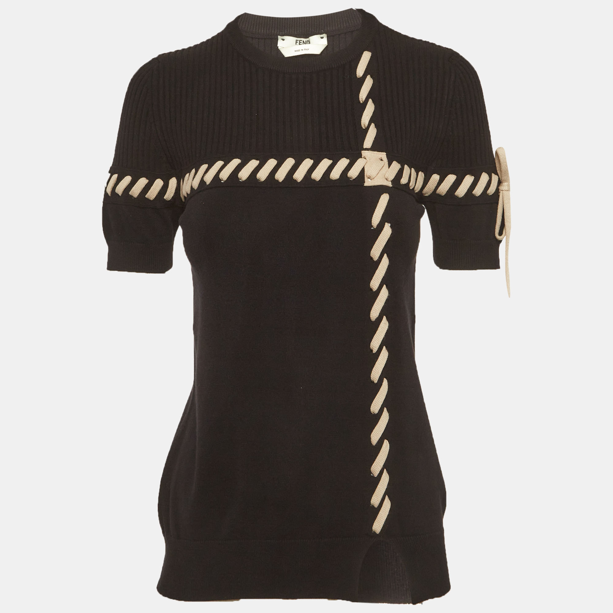 

Fendi Black Rib Knit Lace-Up Top S
