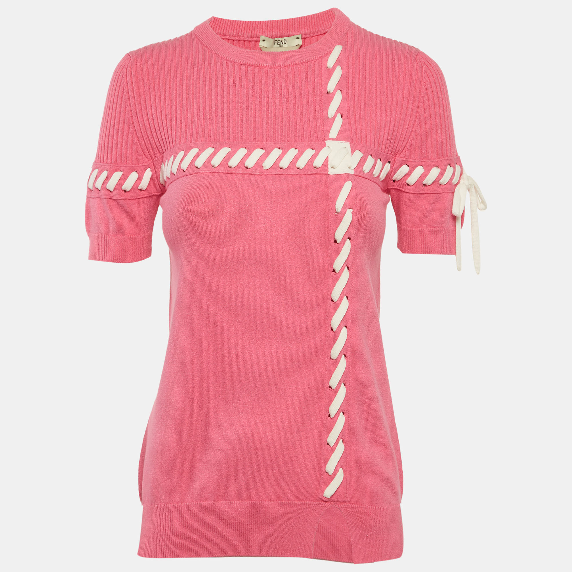 

Fendi Pink Rib Knit Lace-Up Top S
