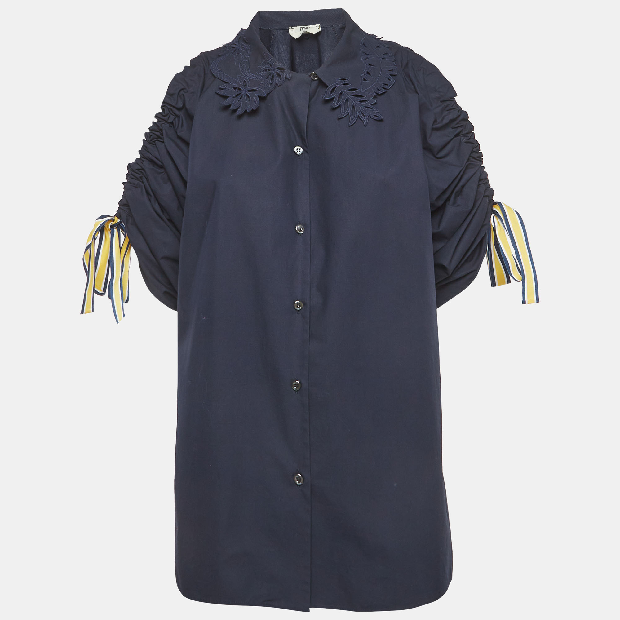 Pre-owned Fendi Navy Blue Cotton Scrunched Sleeves Shirt M