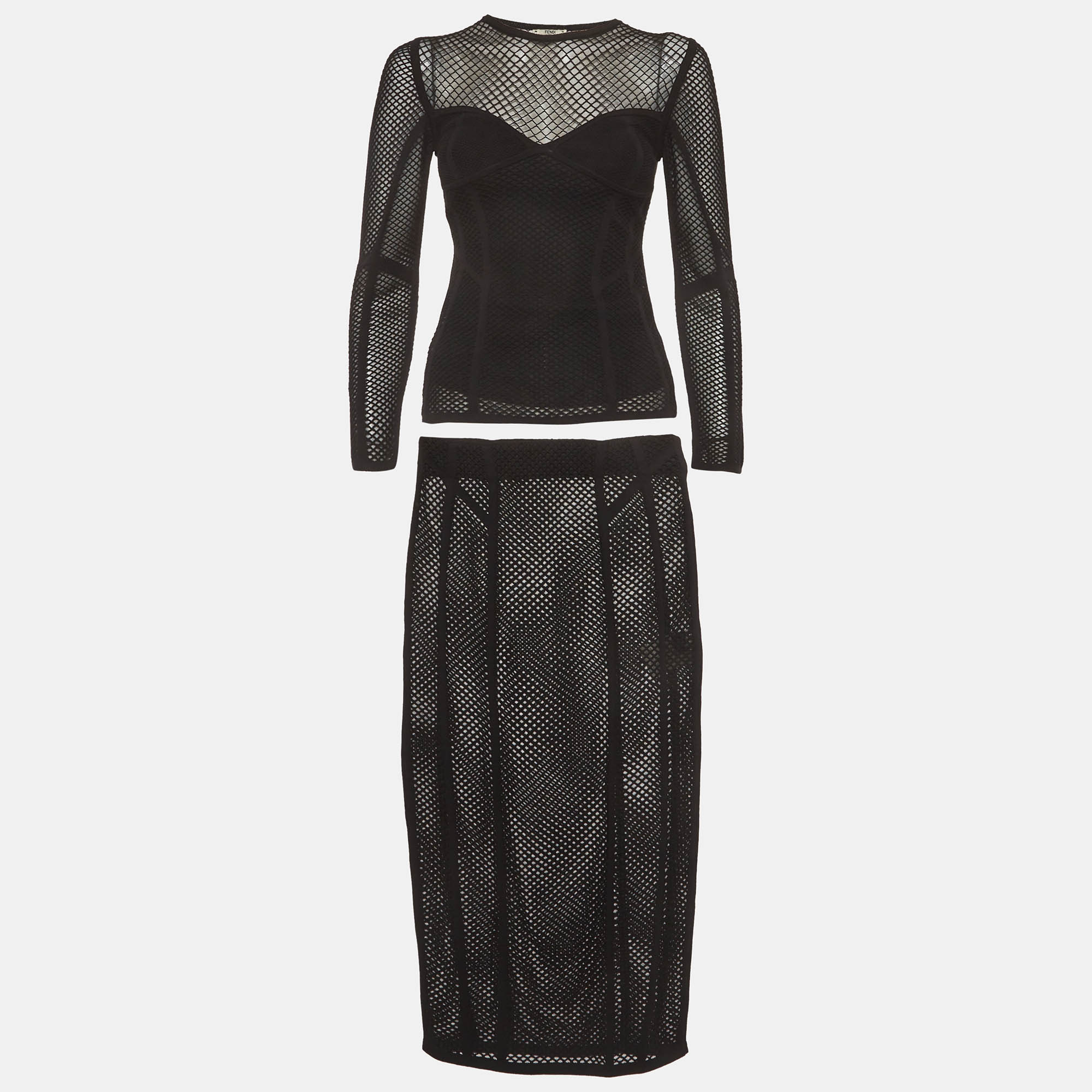 

Fendi Black Mesh Sheer Top and Skirt Suit S