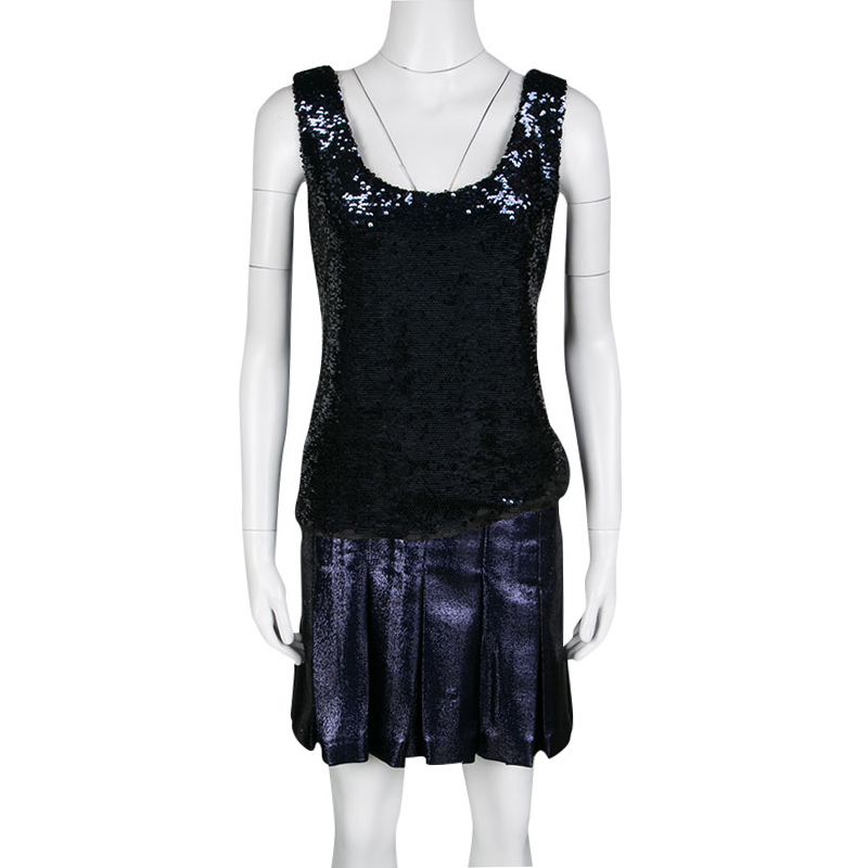 

Fendi Metallic Sequined Bodice Drop Waist Pleated Sleeveless Dress