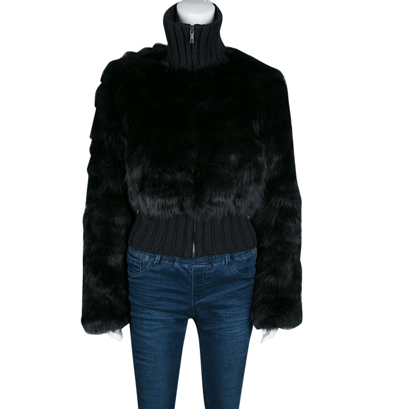

Fendi Black Cashmere and Fox Fur Zip Front Bomber Jacket