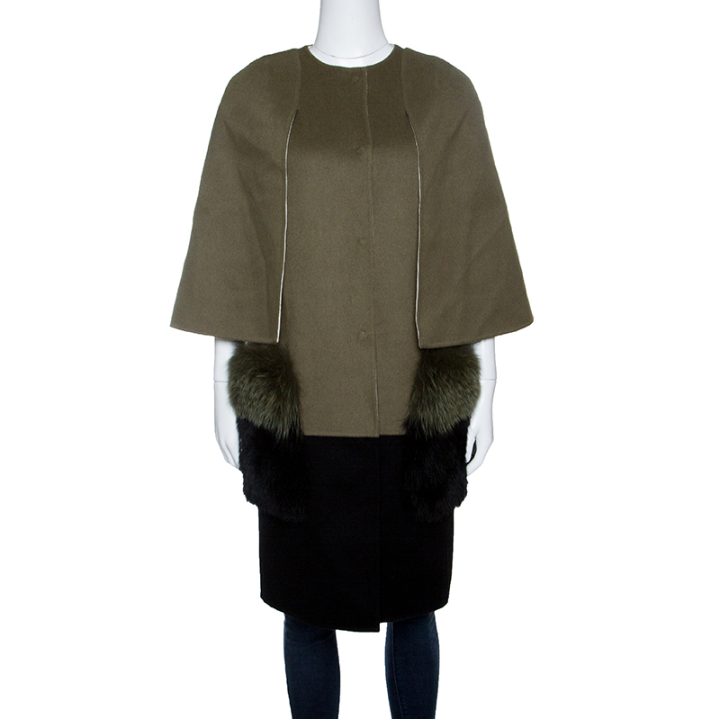 Fendi Colorblock Wool Dyed Fox Fur Pocket Detail Cape Coat S
