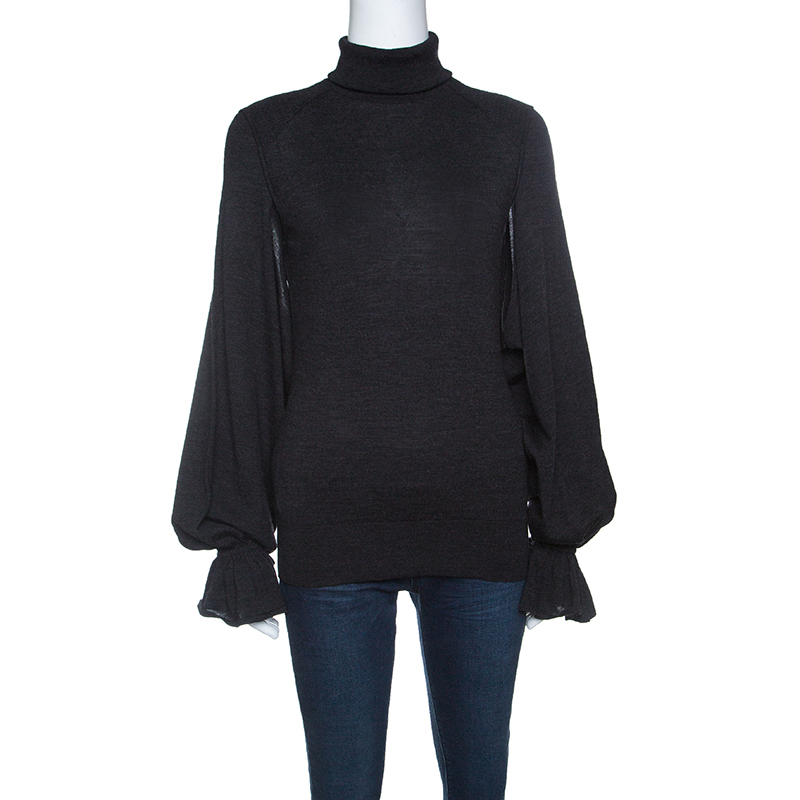 Pre Owned Fendi Grey Wool Armhole Cutout Detail Ruffled Cuff Sweater M