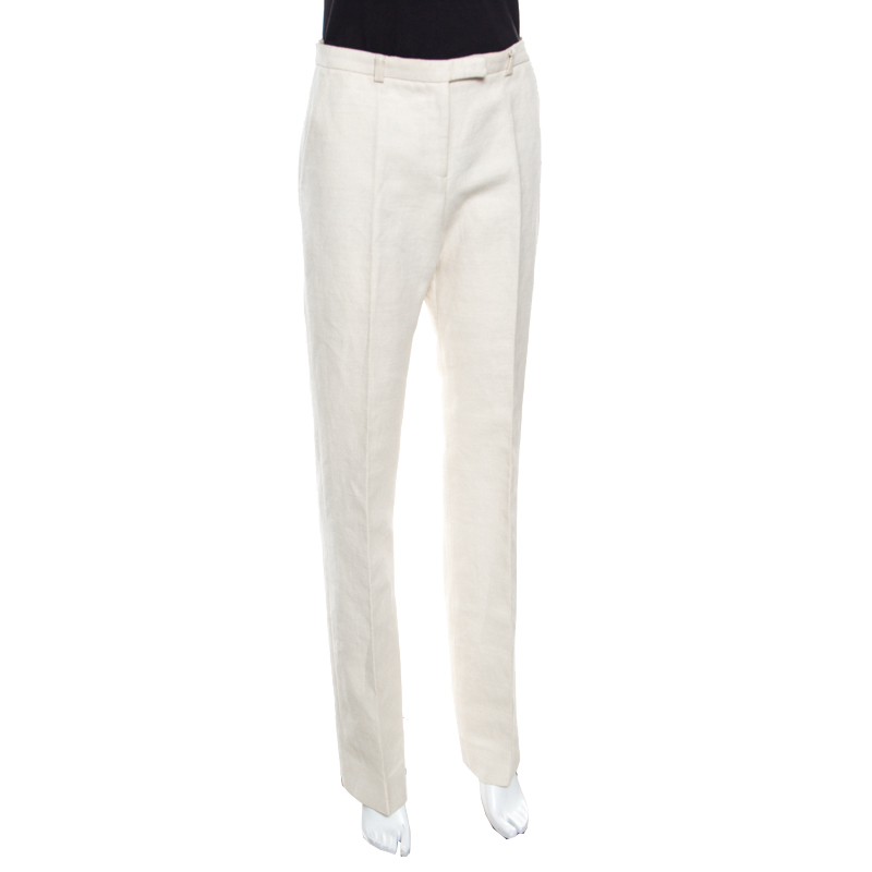 

Fendi Beige Slubbed Linen High Waist Wide Leg Trousers