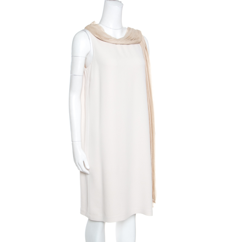 

Fendi Beige Silk Pleated Faux Scarf Neck Detail Sleeveless Dress