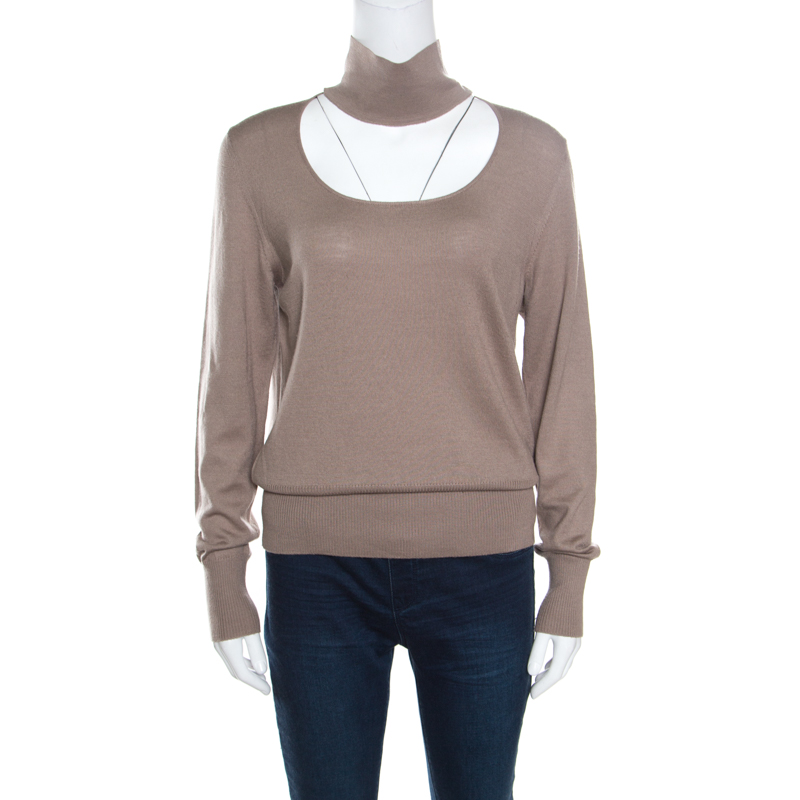 Pre Owned Fendi Mocha Wool Cut Out Neckline Detail Long Sleeve Sweater L