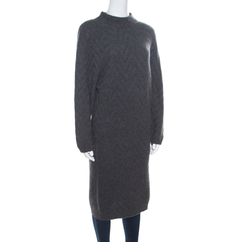 

Fendi Grey Chevron Patterned Cashmere Knit High Neck Sweater Dress