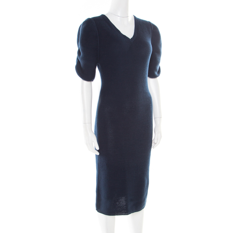 

Fendi Navy Blue Crochet Knit Ruched Sleeve Midi Sweater Dress