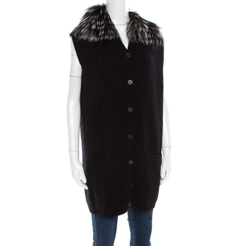 

Fendi Black Tonal Chevron Patterned Cashmere Fox Fur Trim Cardigan