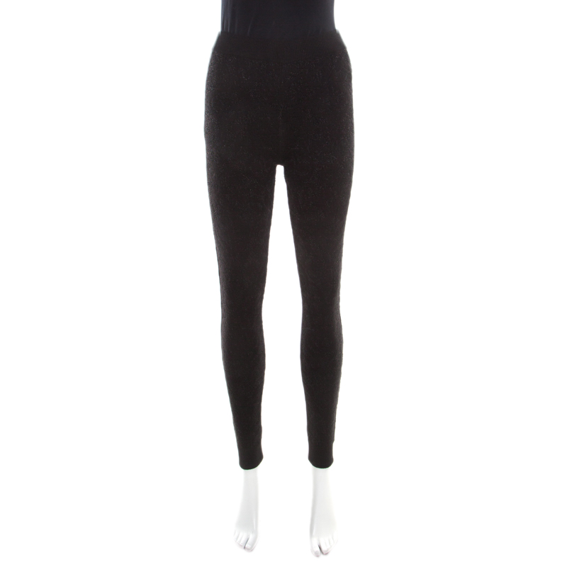 Pre Owned Fendi Black Floral Jacquard Lurex Knit Elasticized Waist Jogger Pants M