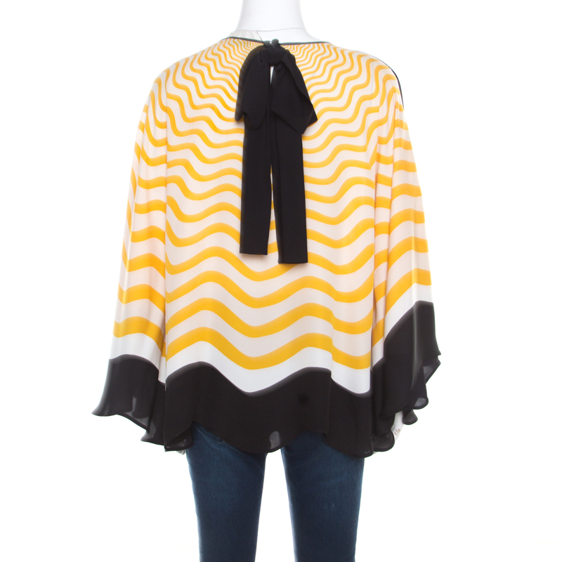 Pre-owned Fendi Yellow And Off White Wave Printed Silk Contrast Bow Trim Detail Kaftan Top M