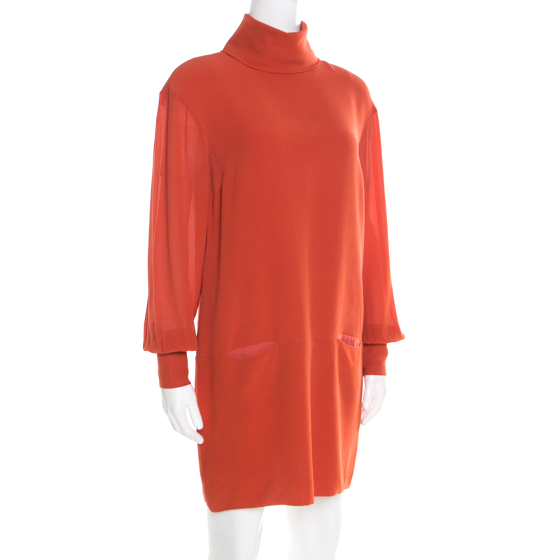 

Fendi Burnt Orange Silk Crepe Foldover Neck Detail Long Sleeve Tunic