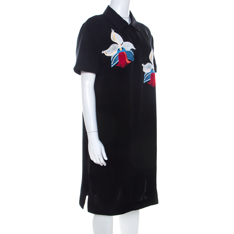 

Fendi Black Orchid Embroidered Silk Shirt Dress
