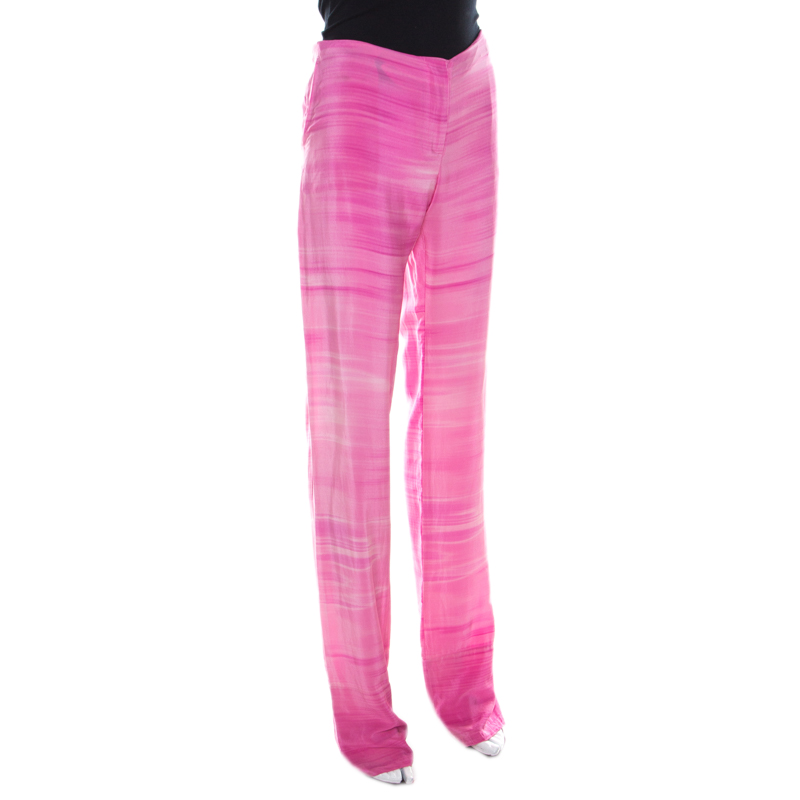 Pre-owned Fendi Pink Striped Crepe De Chine Silk Relaxed Trousers M