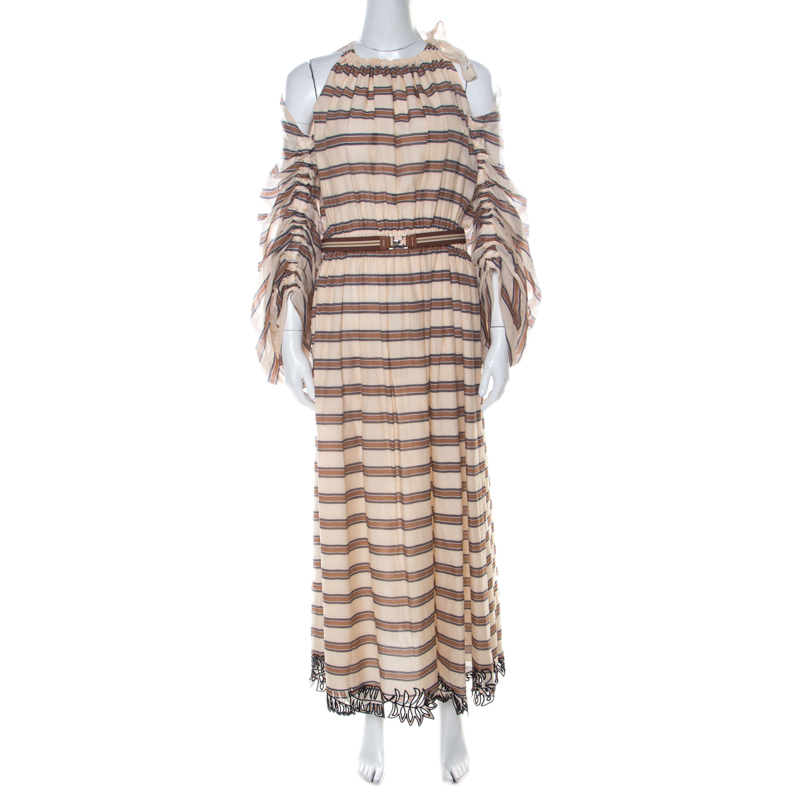Pre Owned Fendi Beige Striped Cotton & Silk Blend Billowing Sleeves Dress M