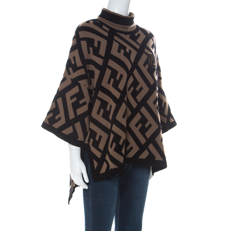 

Fendi Brown & Black Logo Print Wool Blend Turtle Neck Sweater