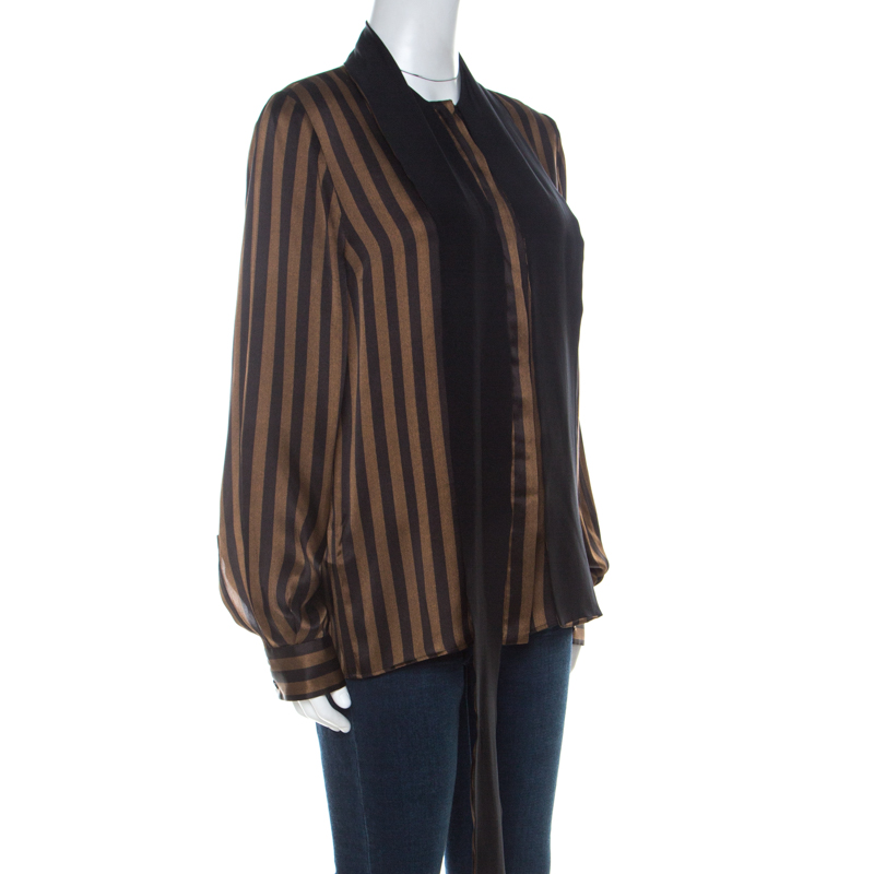 

Fendi Brown & Black Penquin Striped Satin Tie Neck Detail Shirt