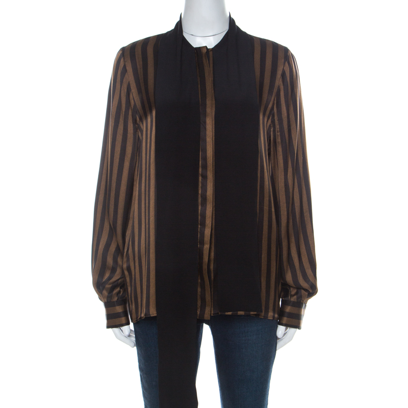 Pre Owned Fendi Brown & Black Penquin Striped Satin Tie Neck Detail Shirt M
