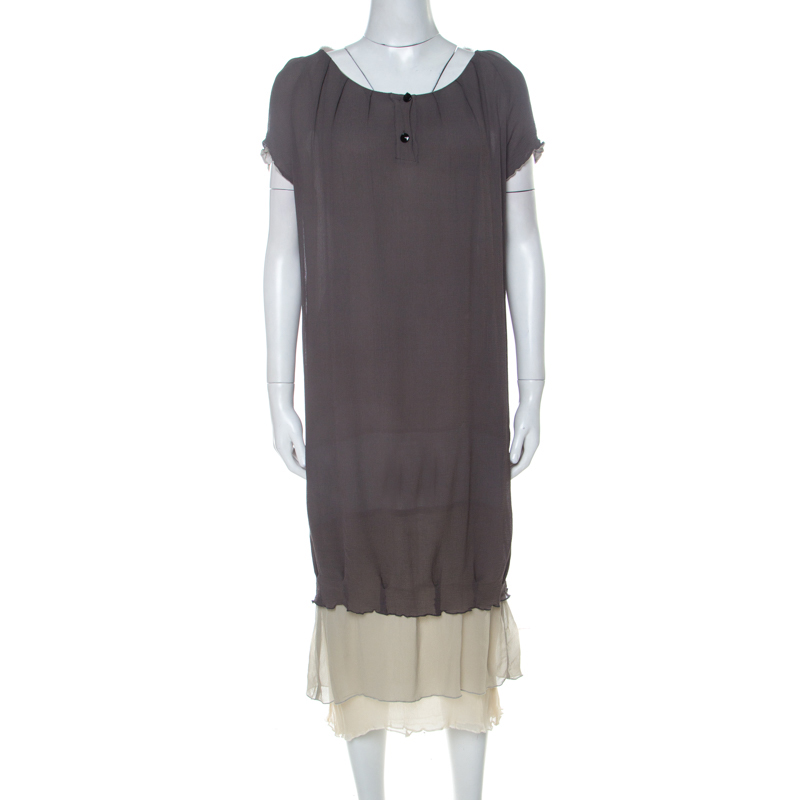 

Fendi Grey Silk Ombre Fur Detail Layered Short Sleeve Dress