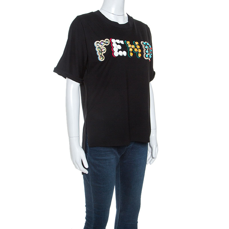 

Fendi Black Cotton Stud Embellished Logo Detail T-Shirt