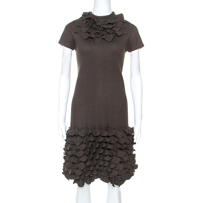Pre Owned Fendi Brown Fleece Flounce Trim Detail Dress S
