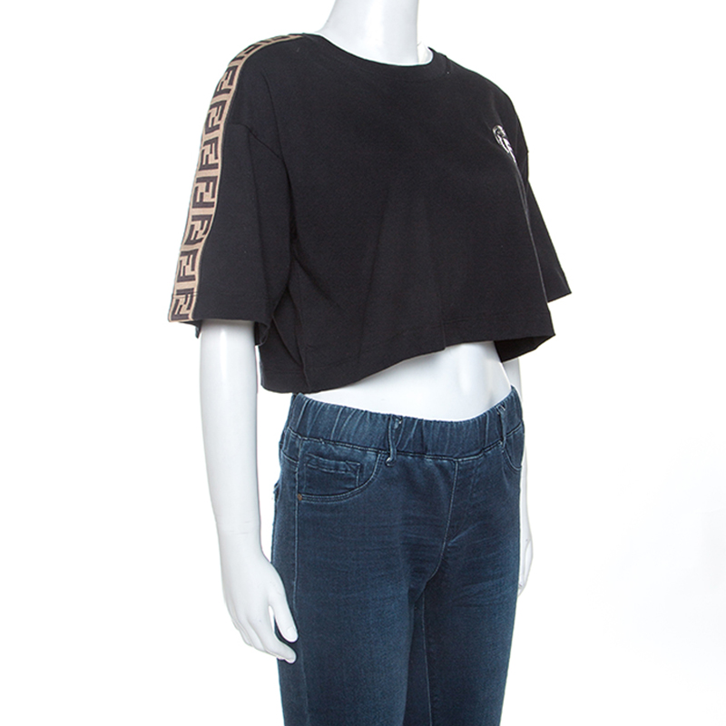 

Fendi Black Cotton Logo Panel Crop Top