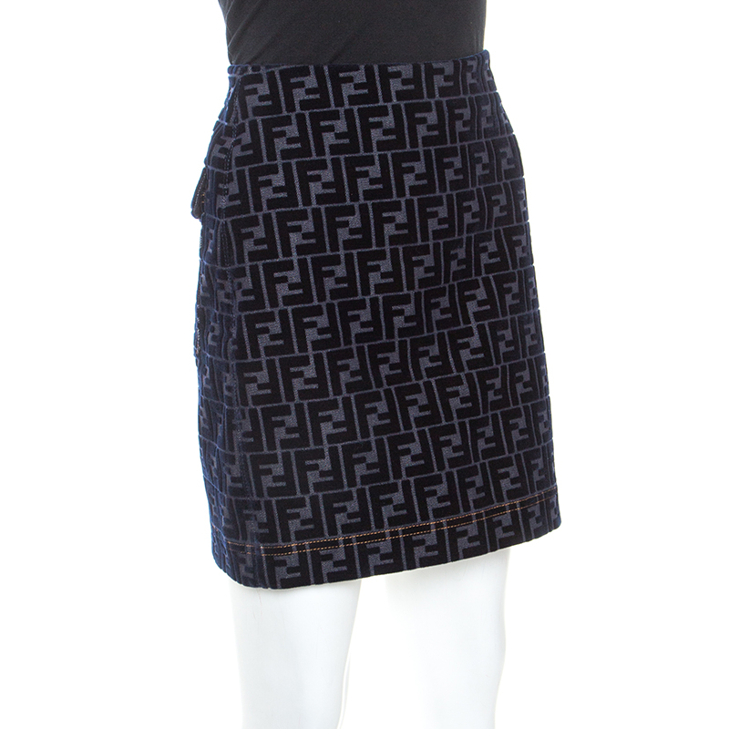 

Fendi Dark Blue Monogram Velvet Detail Zucca Skirt
